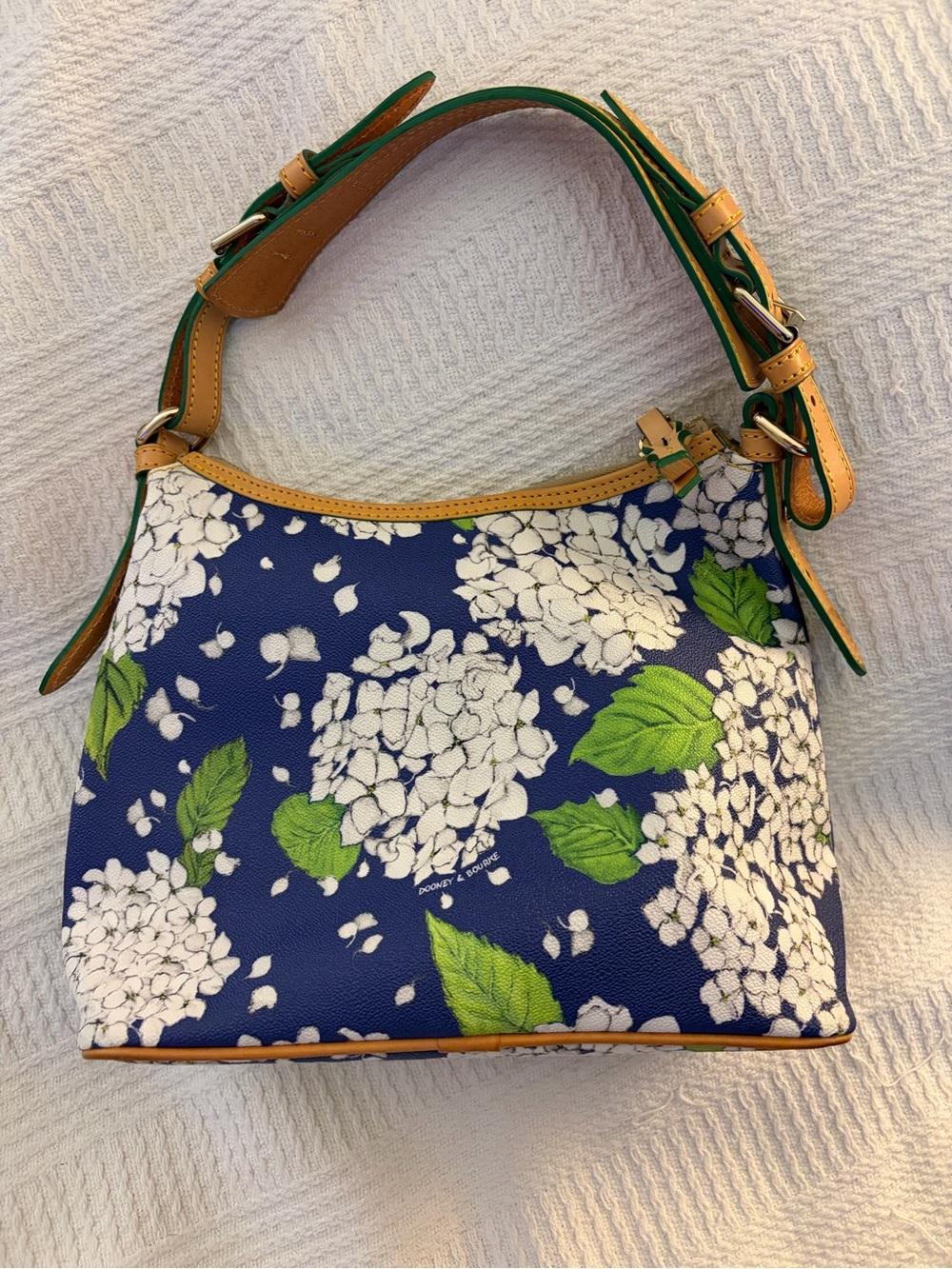 Dooney & Bourke Navy Blue Hydrangea Floral Shoulder Bag with Tan Trim - Picture 7 of 15